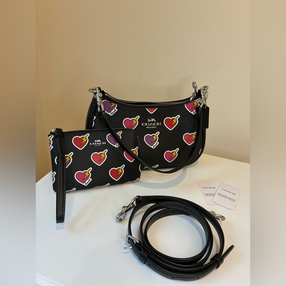 Coach Black Heart Pattern Women's Bag with Small Corner Zip Wristlet